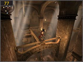 Na wyższy poziom przedostajemy się po wystających ze ściany belkach [76] i toczymy krótki pojedynek - Południowe przejście - przeszłość (2) | W pogoni za dziewczyną w czerni - Prince of Persia: Dusza Wojownika - poradnik do gry