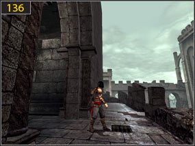 Biegniemy korytarzem przed siebie [135], przebiegamy po ścianie i wybiegamy na taras [136], gdzie czeka nas spotkanie z kolejnym bossem - Dahaką - Południowe przejście - teraźniejszość (2) | Dama w niebezpieczeństwie, Mroczna dłoń losu - Prince of Persia: Dusza Wojownika - poradnik do gry