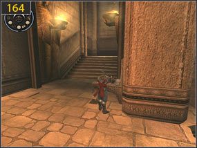 Wewnątrz czeka na nas kilka pułapek [163], po czym możemy uzupełnić zdrowie i zapisać stan gry [164] - Pomocna dłoń - Hol centralny - przeszłość | Pomocna dłoń, Klucz i zamek - Prince of Persia: Dusza Wojownika - poradnik do gry