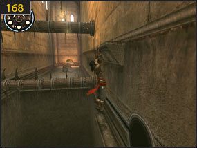Kolejne przeszkody są coraz bardziej skomplikowane - biegnąc po ścianie [167] musimy się odbić od niej, aby wskoczyć na wystający parapet [168] - Pomocna dłoń - Hol centralny - przeszłość | Pomocna dłoń, Klucz i zamek - Prince of Persia: Dusza Wojownika - poradnik do gry