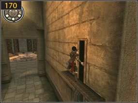 Nieco dalej natkniemy się na drabinę [169], na którą wchodzimy i skaczemy na drugą stronę, w kierunku mechanizmu otwierającego drzwi [170] - Pomocna dłoń - Hol centralny - przeszłość | Pomocna dłoń, Klucz i zamek - Prince of Persia: Dusza Wojownika - poradnik do gry