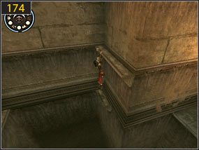 Gdy już wiemy, co mamy dalej robić, wracamy do miejsca z pułapkami, które chwilę wcześniej mijaliśmy [173] i pokonujemy je w drugą stronę [174] - Klucz i zamek - Komnata klepsydry - przeszłość | Pomocna dłoń, Klucz i zamek - Prince of Persia: Dusza Wojownika - poradnik do gry