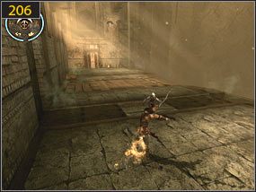 Opuszczamy się na dół po drewnianych półkach [205], po czym walczymy z kilkoma przeciwnikami na dużym placu [206] - Mechaniczna wieża - przeszłość | Wieże | Prince of Persia Dusza Wojownika - Prince of Persia: Dusza Wojownika - poradnik do gry