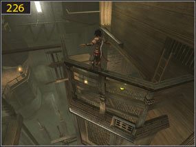 Z drugiej strony opuszczamy się na dół, gdzie spaceruje sobie jeden z mrocznych wojowników [225] - Mechaniczna wieża - przeszłość (2) | Trybiki i śrubki | PoP Dusza Wojownika - Prince of Persia: Dusza Wojownika - poradnik do gry