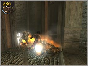 Gdy ścianka wróci do właściwego położenia, skaczemy w kierunku półki przy ścianie [235] - Mechaniczna wieża - przeszłość (3) | Trybiki i śrubki | PoP Dusza Wojownika - Prince of Persia: Dusza Wojownika - poradnik do gry