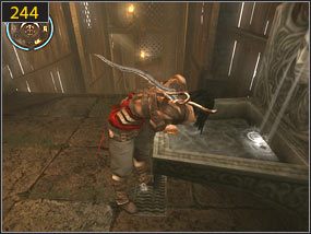 Aby wcisnąć zapadnię umieszczoną na ścianie [243], musimy wspiąć się do niej po belkach na ścianie - Mechaniczna wieża - przeszłość (3) | Trybiki i śrubki | PoP Dusza Wojownika - Prince of Persia: Dusza Wojownika - poradnik do gry