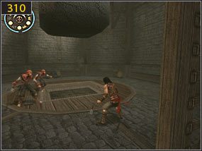 Mechanizm obniży platformę [309], na którą dostaniemy się biegnąc po ścianie - Pokój aktywacyjny - przeszłość (1) | Trybiki i śrubki | PoP Dusza Wojownika - Prince of Persia: Dusza Wojownika - poradnik do gry