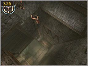 Z pomostu wskakujemy [325] przez duże okiennice do pomieszczenia i schodzimy na dół [326] - Pokój aktywacyjny - przeszłość (2) | Trybiki i śrubki | PoP Dusza Wojownika - Prince of Persia: Dusza Wojownika - poradnik do gry