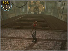 Na samym dole wykorzystujemy gzyms [327], aby bezpiecznie znaleźć się ziemi - Pokój aktywacyjny - przeszłość (3) | Trybiki i śrubki | PoP Dusza Wojownika - Prince of Persia: Dusza Wojownika - poradnik do gry