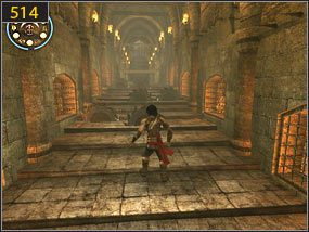 Ponownie wracamy do korytarzy, którymi przed chwilą uciekaliśmy przed potworem [513] i przedzieramy się przez rzędy wirujących ostrzy [514] - Więzienie - przeszłość (1) | Tron i maska | Prince of Persia Dusza Wojownika - Prince of Persia: Dusza Wojownika - poradnik do gry