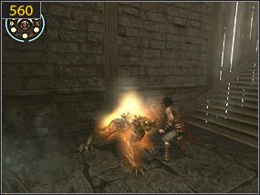 Przebiegamy po ścianie zabijając jednocześnie wojowniczkę [559], a tuż przed schodami walczymy z bestiami [560] - Mechaniczna wieża - przeszłość | Tron i maska | Prince of Persia Dusza Wojownika - Prince of Persia: Dusza Wojownika - poradnik do gry