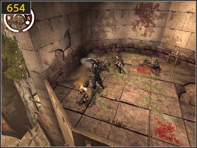 Na koniec przebiegamy po ścianie między obrotowymi ostrzami, gdzie na drugiej stronie możemy zapisać stan gry i uzupełnić energię [653] - Klif - przeszłość (1) | Ścieżka upiora piasku | Prince of Persia Dusza Wojownika - Prince of Persia: Dusza Wojownika - poradnik do gry