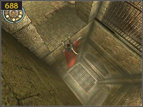 Z końcowej belki skaczemy w kierunku drewnianej ściany [687], a stamtąd opuszczamy się po płótnie w dół [688] - Kuźnia - przeszłość | Lustrzane przeznaczenie | Prince of Persia Dusza Wojownika - Prince of Persia: Dusza Wojownika - poradnik do gry