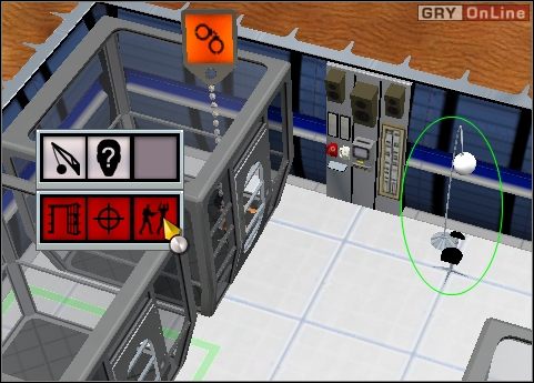 Gdy już będzie siedziała w klatce, wtedy kliknij prawym przyciskiem na klatkę, kliknij na ikonkę przesłuchania (zaznaczona na powyższym obrazku kursorem), a potem PRAWYM przyciskiem na krzesło do przesłuchań (Interrogation Chair) - Evil Genius: Evil Intentions 2, Wyspa 1 Rozdział 1 solucja - Evil Genius - poradnik do gry