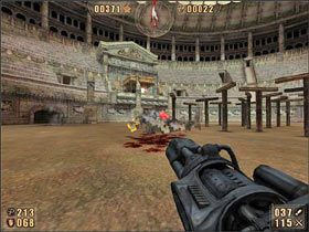 Na arenie znajdują się szubienice, dookoła których płoną małe ogniska - 6.7 Koloseum cz.10 | Painkiller Battle Out of Hell - Painkiller: Battle Out of Hell - poradnik do gry