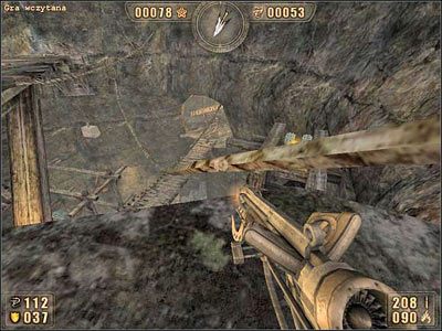 Stajemy możliwie blisko do osi, w której wisi lina (tak jak na powyższym obrazku) i skaczemy na nią, a chwilę później wybijamy się w ten sposób, aby wylądować na platformie z wabiącym swym blaskiem złotem i amunicją - 6.9 Jaskinia cz.3 | Painkiller Battle Out of Hell - Painkiller: Battle Out of Hell - poradnik do gry