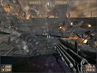 Zwracam uwagę na ledwie widoczny krąg pomarańczowego żaru (na lewo w i górę od celownika) - będzie on naszym celem - 6.10 Kraina cieni | Painkiller Battle Out of Hell - Painkiller: Battle Out of Hell - poradnik do gry