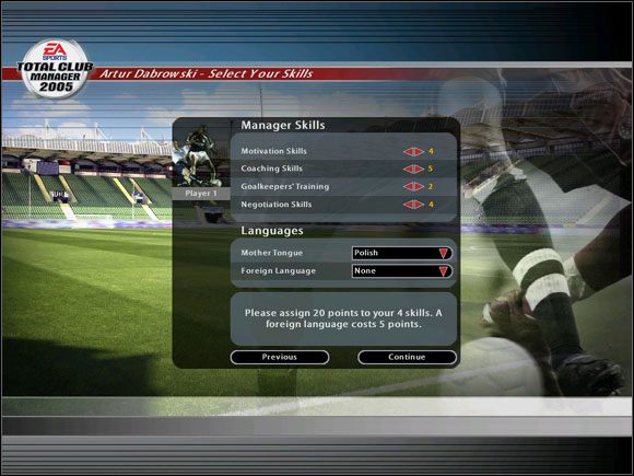 Następnie wyświetla się ekran, na którym rozdzielamy punkty na jedną z czterech cech trenerskich - Zaczynamy... | Podstawy rozgrywki | Total Club Manager 2005 - Total Club Manager 2005 - poradnik do gry