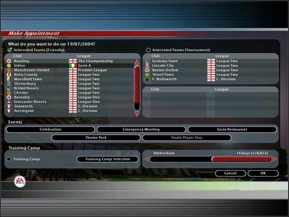 Po powrocie ze zgrupowania ustalamy terminy spotkań towarzyskich, które pozwalają nam na osiągnięcie odpowiedniej formy meczowej (jeśli za parę dni czeka nas mecz w pucharach lub w lidze, odpuszczamy) - Jedziemy na obóz cz.3 | Obóz | Total Club Manager 2005 - Total Club Manager 2005 - poradnik do gry