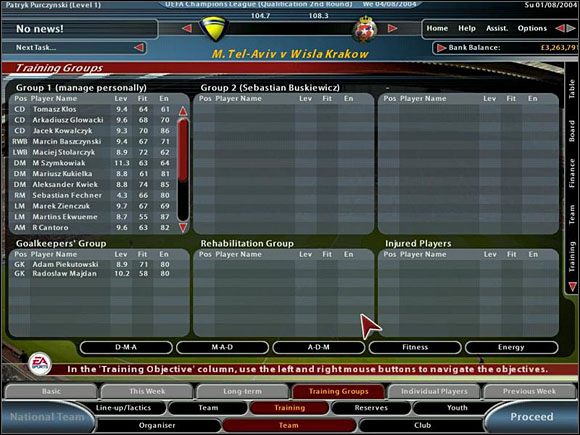 Zawodników można podzielić według ich pozycji na boisku (obrońcy, pomocnicy, napastnicy), według poziomu kondycji (w celu maksymalnego jej podniesienia) i energii - Rodzaje grup treningowych | Trening | Total Club Manager 2005 - Total Club Manager 2005 - poradnik do gry