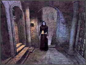 Wróć na spiralne schody. Nie wychodź jednak na dziedziniec, tylko pójdź nimi do góry. Zobaczysz drzwi. Odwróć się. Za Tobą stoi Dorko. Zrób krok w jej kierunku, a otworzy Ci drzwi. - Zamek cz.1 | Dracula Zmartwychwstanie - Dracula: Zmartwychwstanie - poradnik do gry