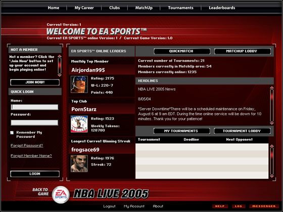 Po lewej stronie znajduje się okno logowania - [Game Mods] Play Online | NBA Live 2005 - NBA Live 2005 - poradnik do gry