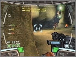 Gdy zobaczysz, że w którymś miejscu na planszy celownik zmieni kształt na pokazany na obrazku, znaczy to, iż możesz wydać rozkaz zajęcia pozycji snajperskiej - Infiltrate The Droid Foundry - Kampania I - Star Wars: Republic Commando - poradnik do gry