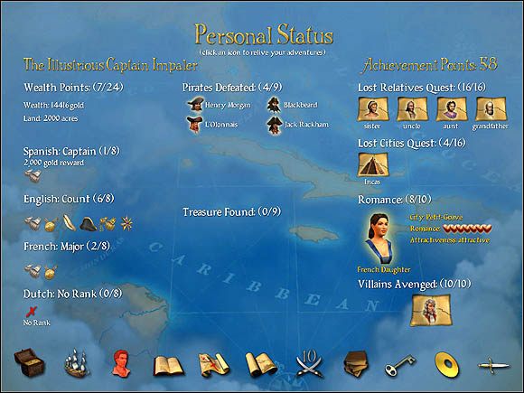 Ekran, na którym możemy sprawdzić nasze postępy w zdobywaniu Punktów Sławy - Punkty Sławy | Rozwój bohatera w Sid Meiers Pirates! - Sid Meiers Pirates! (2004) - poradnik do gry