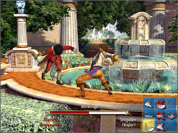 Mimo, że poziom walki jest wyrównany (wskaźnik Advantage), nasz przeciwnik powoli traci werwę i już wkrótce padnie u naszych stóp - Rywal | Romanse w Sid Meiers Pirates! - Sid Meiers Pirates! (2004) - poradnik do gry
