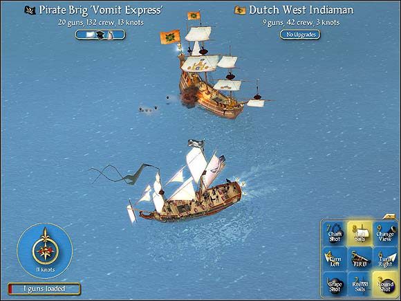 Totalna przewaga w szybkości pozwala nam skutecznie manewrować wokół holenderskiego statku kupieckiego i oddawać strzały bez narażania się na straty własne - Przebieg bitwy morskiej | Bitwy morskie w Sid Meiers Pirates! - Sid Meiers Pirates! (2004) - poradnik do gry