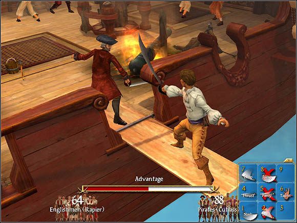 Każda arena jest w rzeczywistości prostym pasem, po którym poruszają się rywale - Ustawienie | Szermierka w Sid Meiers Pirates! - Sid Meiers Pirates! (2004) - poradnik do gry