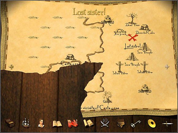 Mapa prowadząca do miejsca, w którym uwięziona jest siostra, nie jest kompletna, ale ujawnione położenie chaty względem miasta Cartagena wystarczy nam aż nadto do poszukiwań - Pościg | Zaginieni krewni w Sid Meiers Pirates! - Sid Meiers Pirates! (2004) - poradnik do gry