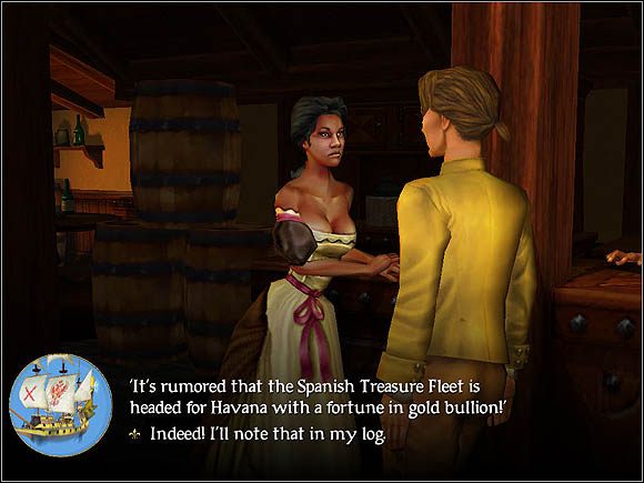 Barmanka w tawernie informuje nas, że Flota płynie w kierunku Hawany, gdzie aktualnie się znajdujemy - Flota skarbów | Rozmaitości | Sid Meiers Pirates! - Sid Meiers Pirates! (2004) - poradnik do gry