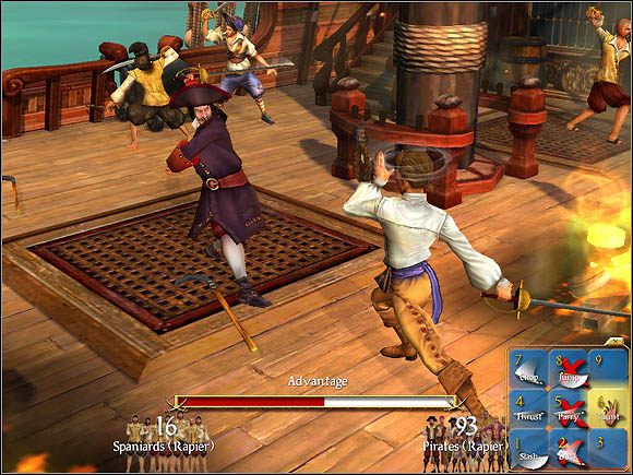 Okrzyk wojenny sprzyja uzyskaniu przewagi, ale należy przy tym uważać, aby nie zostać trafionym przez naszego przeciwnika - Przewaga na polu bitwy | Szermierka w Sid Meiers Pirates! - Sid Meiers Pirates! (2004) - poradnik do gry