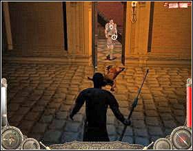 Na placu udaj się w lewo i za pomocą pilum rozpraw się ze strażnikiem, stojącym przy drzwiach [1] - Misja 2 (cz.1) | Augustus W służbie Cezara - Augustus: W służbie Cezara - poradnik do gry