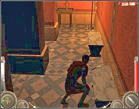 Po krótkiej scence poczekaj, aż mała dziewczynka zacznie bawić się w chowanego i kiedy to nastąpi wejdź po schodach na górę [1] i udaj się do drzwi na wprost ciebie - Misja 3 (cz.1) | Augustus W służbie Cezara - Augustus: W służbie Cezara - poradnik do gry