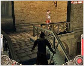 Wyjdź na dwór, zejdź po cichu ze schodów i skieruj się w prawo, gdzie załatw strażnika [1] - Misja 6 (cz.2) | Augustus W służbie Cezara - Augustus: W służbie Cezara - poradnik do gry