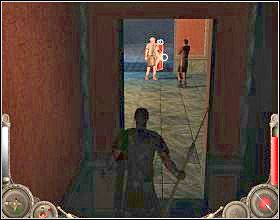 Przejdź przez kolejny plac (zabijając po drodze wroga) i udaj się w stronę dużej, drewnianej bramy [1], przez którą przejdź - Misja 9 (cz.1) | Augustus W służbie Cezara - Augustus: W służbie Cezara - poradnik do gry