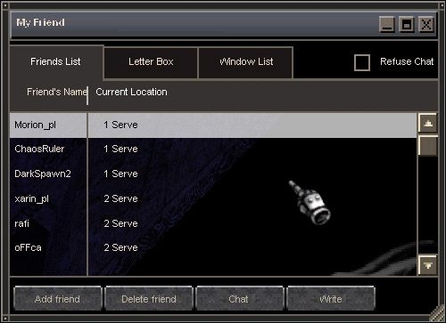 Poniżej głównego elementu, Friends List opisywanego głównego poprzednim akapicie znajdują się cztery przyciski, są to kolejno - Add Friend, Delete Friend, Chat oraz Write - Friends List | Porady i opis mechanik rozgrywki w MU Online - MU Online - poradnik do gry