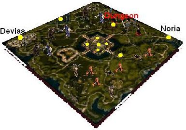 Żółtymi kropkami zaznaczone zostały miejsca strategiczne (przejścia, sklepy itd - Lorencia | Lokacje w MU Online - MU Online - poradnik do gry