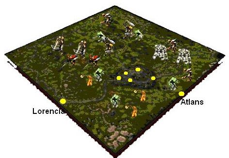 Żółtymi kropkami zaznaczone zostały miejsca strategiczne (przejścia, sklepy itd - Noria | Lokacje w MU Online - MU Online - poradnik do gry