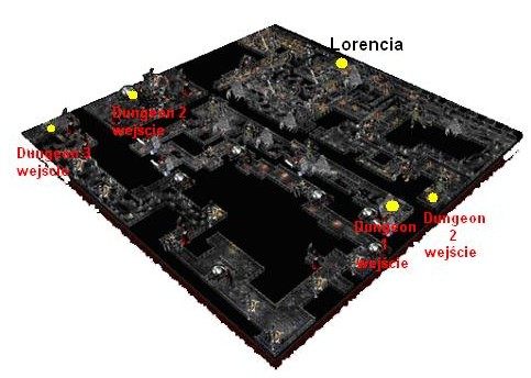 Żółtymi kropkami zaznaczone zostały miejsca strategiczne (przejścia, sklepy itd - Dungeon | Lokacje w MU Online - MU Online - poradnik do gry