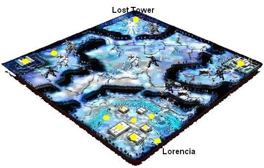 Żółtymi kropkami zaznaczone zostały miejsca strategiczne (przejścia, sklepy itd - Davias | Lokacje w MU Online - MU Online - poradnik do gry