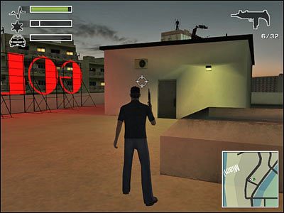 Przejdź na sąsiedni dach, wystrzelaj wszystkich i wejdź przez drzwi widoczne na powyższym screenie - Misja 4 - Rooftops | Miami Driver 3 - Driver 3 - poradnik do gry