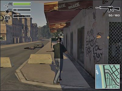 Podjedź po restaurację wskazaną na mapie, wjedź w boczną uliczkę tuż przed nią i zza narożnika zajmij się całą ochroną - Misja 8 - Rescue Dubois | Nicea Driver 3 - Driver 3 - poradnik do gry