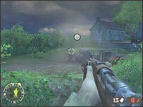 Najlepiej byłoby schować się za ukazanymi na pierwszym screenie zasłonami i z tego miejsca wyeliminować widocznych w oddali wartowników (stoją przy dziele) - Silence the Guns (2) | Rozdział 3 | Brothers in Arms Road to Hill 30 - Brothers in Arms: Road to Hill 30 - poradnik do gry