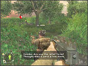 Skieruj się w stronę ukazanej na pierwszym screenie ścieżki (na prawo od przyczajonego Combsa), dzięki czemu będziesz mógł zaskoczyć najbliżej rozstawionych wrogich żołnierzy - Ripe Pickings (2) | Rozdział 16 | Brothers in Arms Road to Hill 30 - Brothers in Arms: Road to Hill 30 - poradnik do gry