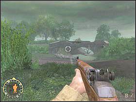 Specjalnie zaznaczyłem, iż nie powinieneś zbliżać się do maszyny albowiem znajduje się tu stanowisko maszynowe (po drugiej stronie krzaków), z którym będzie się ona musiała uporać - No Better Spot to Die (3) | Rozdział 19 | Brothers in Arms Road to Hill 30 - Brothers in Arms: Road to Hill 30 - poradnik do gry