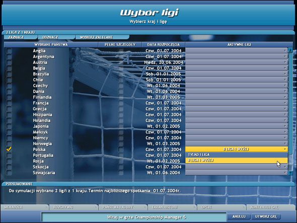 Ekran wyboru lig - Rozpoczynanie gry - Championship Manager 5 - poradnik do gry
