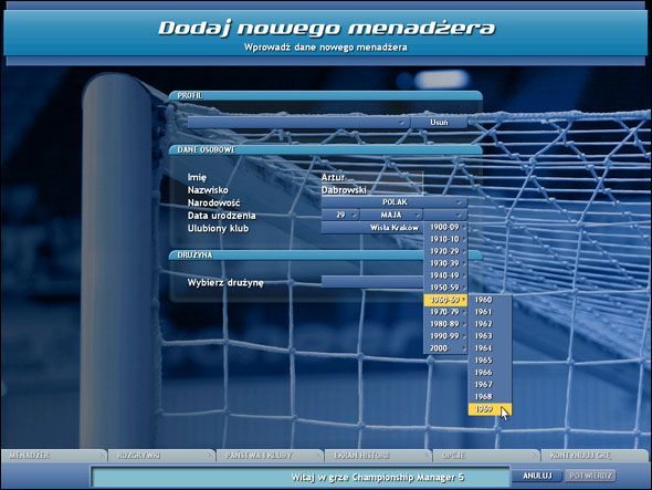 Ekran tworzenia menedżera - Rozpoczynanie gry - Championship Manager 5 - poradnik do gry